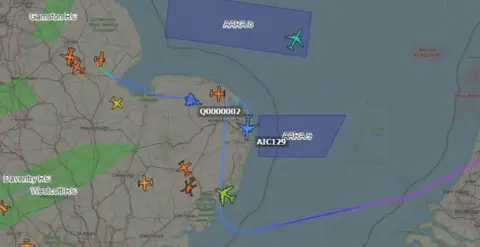 ADS-B Exchange Screen grab of an aircraft tracking website showing the relative positions of flights over East Anglia at the time of the interception.