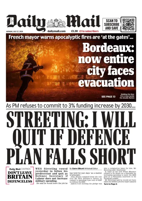"Streeting: I will quit if defence plan falls short," reads the headline on the front page of the Daily Mail. 