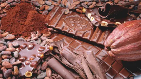 Chocosuisse Een close-up van een verscheidenheid aan gebroken chocolaatjes en cacaovruchten