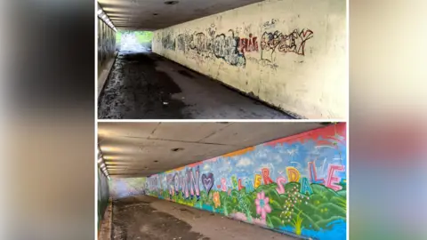 Kingsyze Graffiti A picture above shows a subway with old graffiti on, the one underneath shows the same subway which is now full of bright, painted colours that says the words Skelmersdale