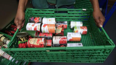 Cans of food in basket 