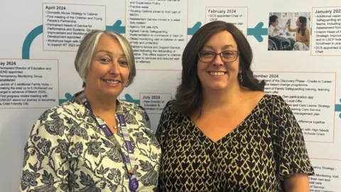 Two women stand smiling against a backdrop of a large poster covered in writing. On the left is a woman with short grey hair and on the right a woman with long brown hair and glasses. The poster details the improvement journey the city council has been on with their children's services. 