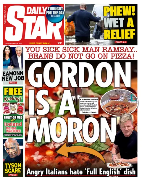 Chef Gordon Ramsey was pictured holding a pizza on the front page of the Daily Star.  The headline on the front page read: "Gordon is an idiot". 
