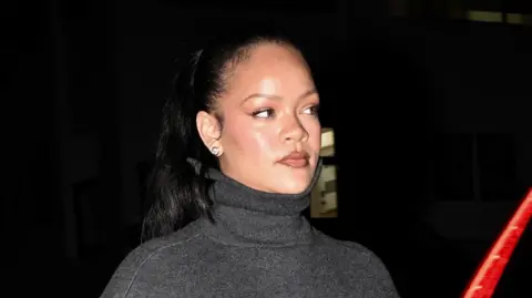 Rihanna wears a grey polo neck in a close-up.
