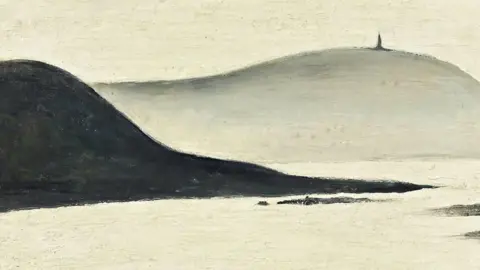 The oil painting of the scene believed to depict the Sir John Barrow's monument on Hoad Hill in Ulverston. It is black, grey and white, showing the outline of the monument on top of a distant hill.