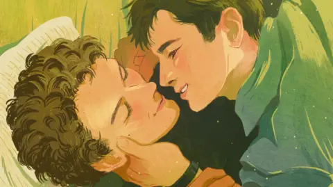 Fan art of Shane and Ilya lying on a sofa during an iconic scene at the cottage. Shane is wearing a blue shift and Ilya is wearing a black shirt.