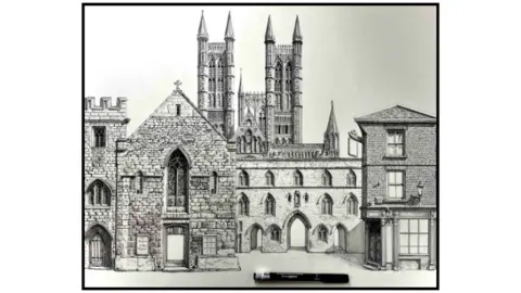 Matthew Wright A black and white drawing of the front of Lincoln Cathedral, with a pen at the bottom.