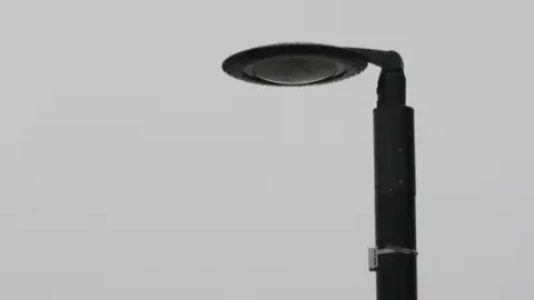 A close-up picture of one of the new street lights. The lamp is round and flat like a flying saucer. It is attached to a black post against a grey sky