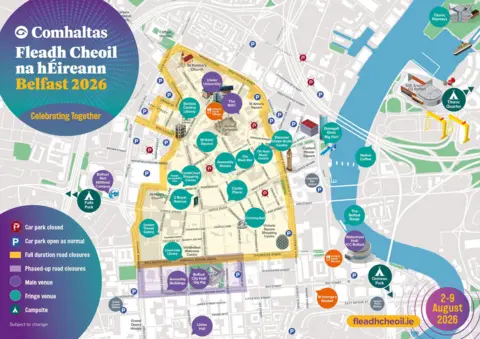 Belfast City Council A map of Belfast city centre showing venues, road closures, car parks and tourist spots as part of the fleadh coming to the city in August.