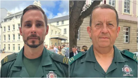 BBC A spilt image of Tom Le Sauteur and John Sutherland. They are both wearing green Jersey Ambulance Service uniforms of green tops and shirts with epaulettes. Tom Le Sauteur, aged 36, has short brown hair and a beard. John Sutherland, aged 62, has short, thinning hair.
