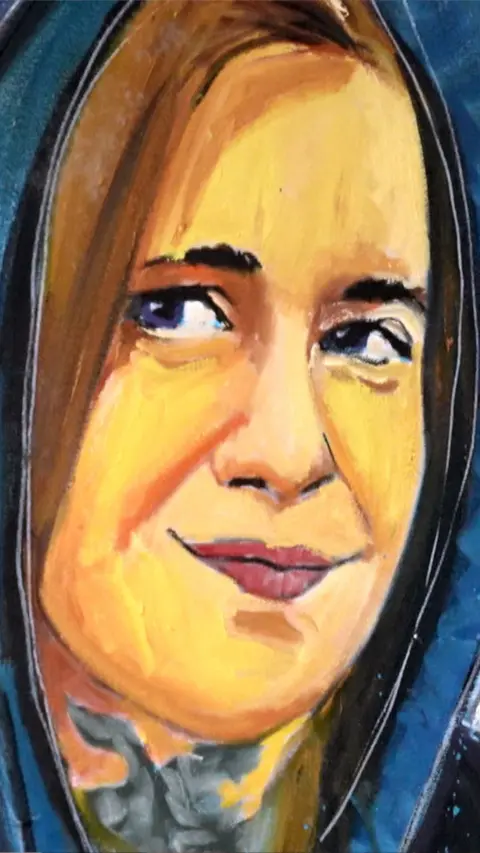 A painting of a woman with a hoody on over her head.
