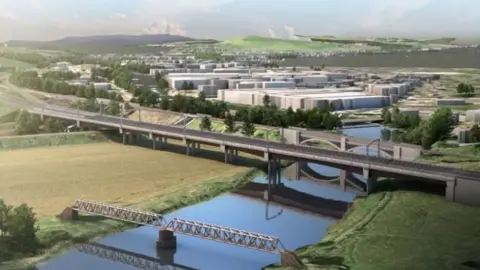 Network Rail Artist's impression of the new viaduct stretching across the river, with industrial buildings and hills in the background