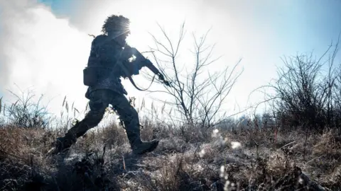 Ukrainian soldiers of the 93rd Brigade attend the combat drills outside of the Pokrovsk, Ukraine on February 13, 2025