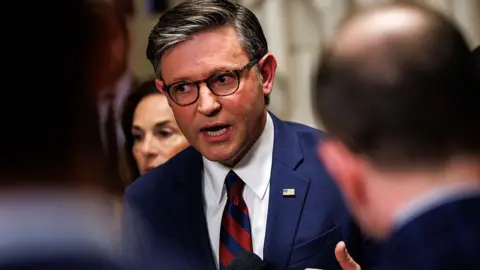 U.S. Speaker of the House Mike Johnson (R-LA) holds a press conference in the U.S. Capitol building on March 27, 2026 in Washington, DC. 