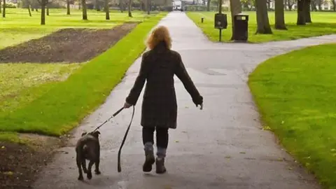 BBC A woman iis walking a dog on a lead in a park. The path ahead forks to the right, next to a dog waste bin. 