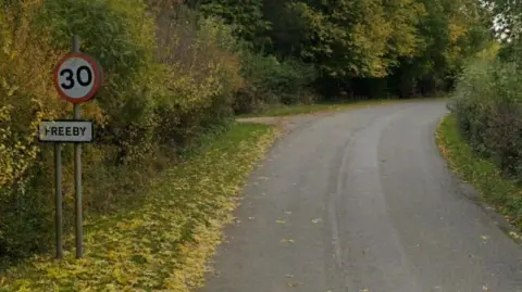 Village road with greenery on either side. On the left is a 30mph sign on a pole above the Freeby sign