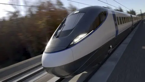 An artists impression of a train running on the High Speed Two railway line. The trains is blue and white and is moving quickly, with overhead electric wires above.