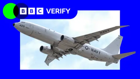 A P-8 Poseidon in flight, with the BBC Verify logo superimposed next to it