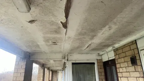 Simon Thake The ceiling of a communal corridor in a block of flats covered in moulf