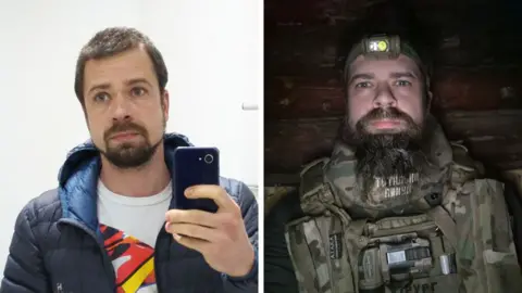 42-year-old Roman in civilian clothing before war broke out and after in his military uniform