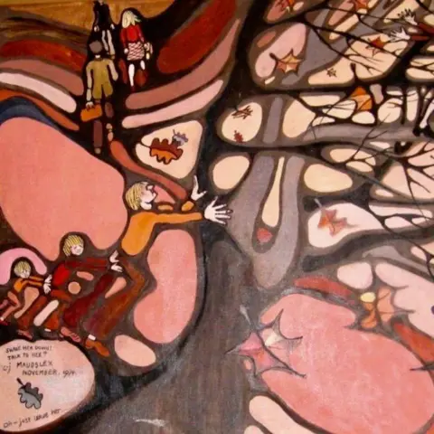 The Estate of Charlotte Johnson Wahl Pink oil painting of a tree and human figures climbing up one side of it and others heading along a path into the sky