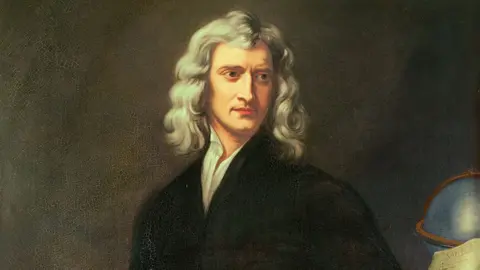 Getty Images An oil painting of Sir Isaac Newton who has long, white hair and is wearing a white shirt and a black jacket. On the right hand side of the painting is a globe on a stand.