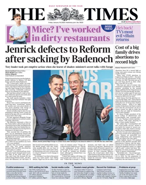 The headline on the front page of the Times reads: "Jenrick defects to Reform after sacking by Badenoch."
