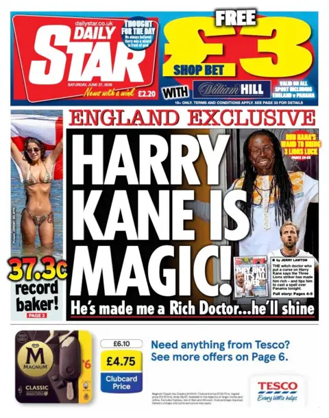 The headline on the front page of the Sun reads: "Harry Kane is magic!" 