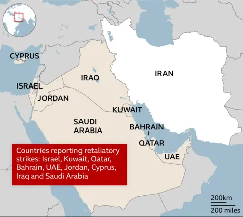 A regional map highlighting Iran in white with its name in black. Countries that have come under fire from Iran are labelled in red - Israel, Kuwait, Jordan, Bahrain, Qatar, UAE. Surrounding countries are grey.
