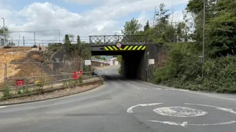 A railway bridge over a road, with a mini roundabout in the foreground.