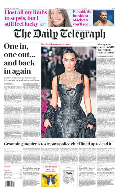 "One in, one out... and back in again" reads the headline on the front page of The Daily Telegraph.
