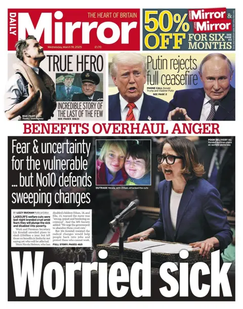 Front page of the Daily Mirror on Wednesday, March 19, 2025. 