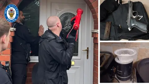 The image is arranged as a collage with one large photo oof a group of police officers are standing outside the front door of a brick house. One officer in plain clothing is holding a red battering ram and appears to be preparing to force entry. in a smaller picture on the righter ther is a A handgun is shown placed on a black bag or fabric surface. Next to it are two magazines. another picture shows A kitchen counter with weighing equipment is visible. A set of digital kitchen scales is holding a bowl containing a white powdery substance. Part of a cooker hob is seen beside it.