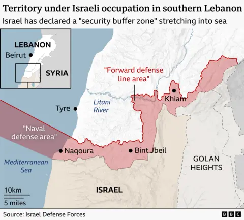 Map showing territory under Israeli occupation in southern Lebanon and Israeli-declared "forward defense line area" (20 April 2026)