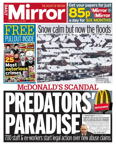 The headline in the Mirror reads: "McDonald's scandal: Predators' paradise". 