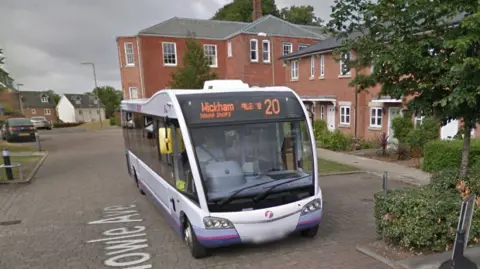 A google maps image of the number 20 first bus