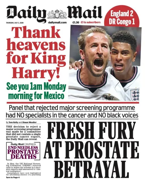 "Fresh fury at prostate betrayal" reads the headline on the front page of the Daily Mail. 