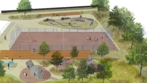 Douglas City Council A computer-generated image of new table tennis tables, climbing boulders, courts and pump tracks. 