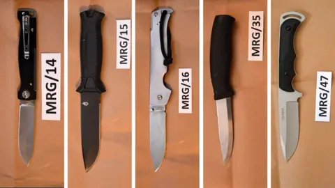 Met Police A composite image of five knives all lined up next to each other. Their blades vary from about three inches in length to five or six.