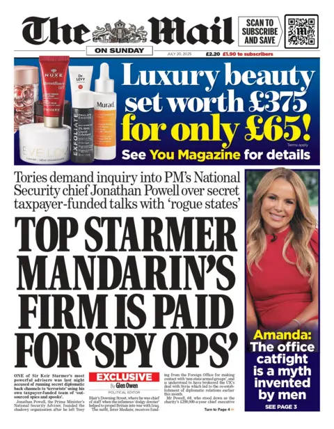 "Top Starmer mandarin's firm is paid for 'spy ops" reads the headline on the front page of The Mail on Sunday.