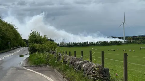 White smoke coming from an area behind a hedge and next to a wind turbine. There is a field containing sheep in the fireground and a road to the left of the picture. The snoke is blowing over the road. 
