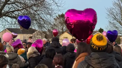A crowd of people holding pink and blue heart shaped balloons, amongst trees and houses. The people in the crowd are hearing winter coats and many have hats on.