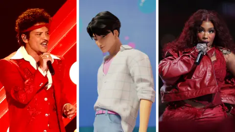 Getty Images/Netflix Bruno Mars performs onstage during the 68th GRAMMY Awards at Crypto.com Arena on February 01, 2026 in Los Angeles, California. KPop animation character from Saja boys. SZA performs on stage during Apple Music Super Bowl LIX Halftime Show at Caesars Superdome on February 09, 2025 in New Orleans, Louisiana. 