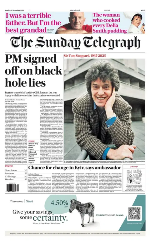 The headline on the front page of Sunday's Telegraph read: "Pm signed in a black hole lies".