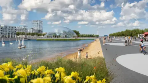 Proctor & Matthews Architects CGI of a proposed new town in Oxfordshire showing water, sand and people walking about