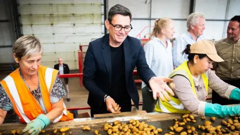 PA Media Prime Minister Andy Burnham at Colwyn Farm near Truro, Cornwall. He is next to people sorting potatoes on a conveyor belt. 