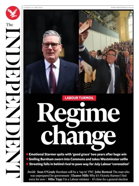 "Labour turmoil: Regime change" reads the headline on the front page of the Independent.