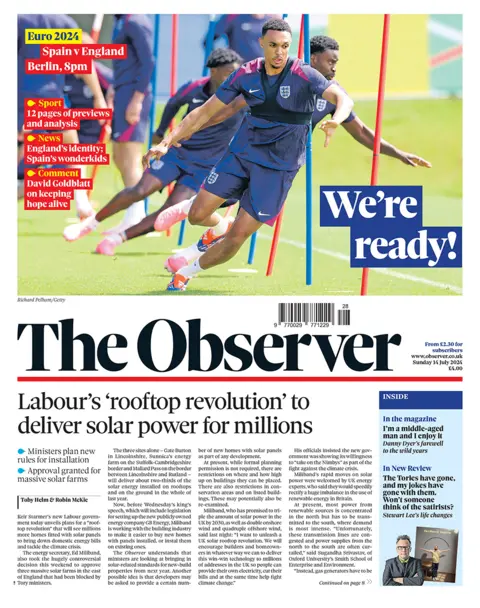 The headline on the front page of the Observer reads: "Labour's 'rooftop revolution' to deliver solar power for millions"