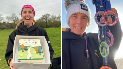 APryl Hammett Two pictures side by side. Left is Apryl wearing a black coat and pink headband is pictured grinning and posing with a cake in a box. It is covered is icing showing a path through a field with trees, birds and the "parkrun" logo. On the right is Apryl holding up a selection of medals on ribbons - all from Devon.