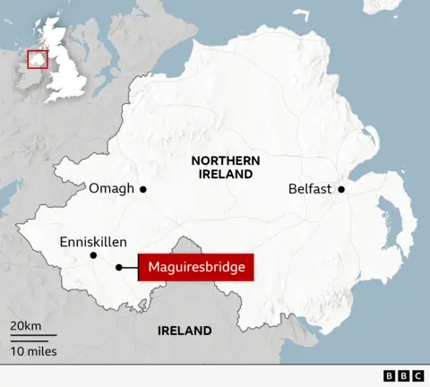 Map of Northern Ireland showing the location of Maguiresbridge in the southwest of the country, about 25 miles (40km) south of Omagh